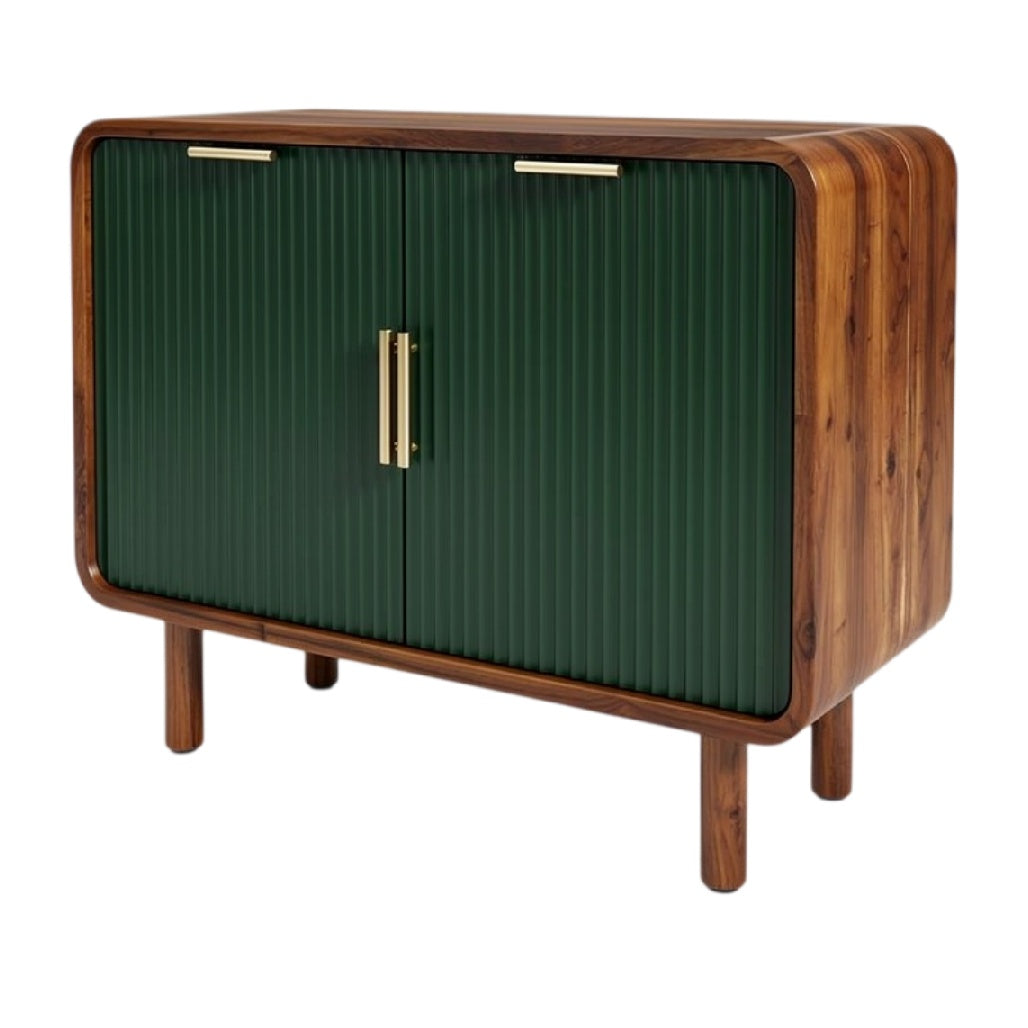 **Moderne Kast met Groene Deuren en Houten Basis**
