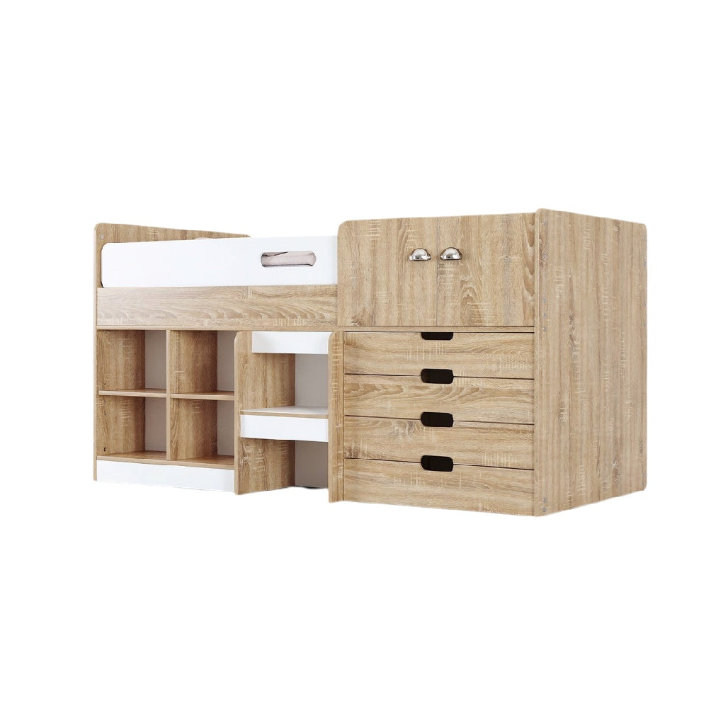 **Technische titel in het Nederlands:** Multifunctioneel Bed met Opslag en Bureau in Houtlook